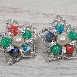 Vintage Multicolor Stone Flower Burst Cluster Sarah Coventry Clip-on Earrings